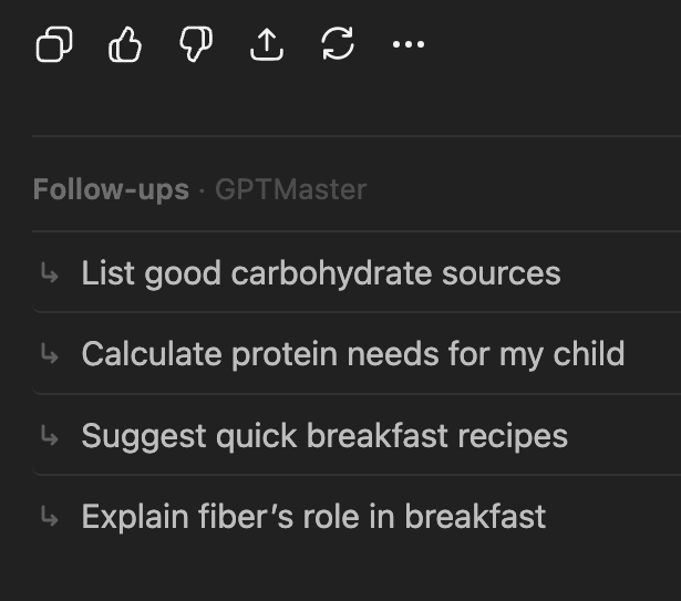 GPT Master v0.9.0 follow-up suggestion chips below a ChatGPT response